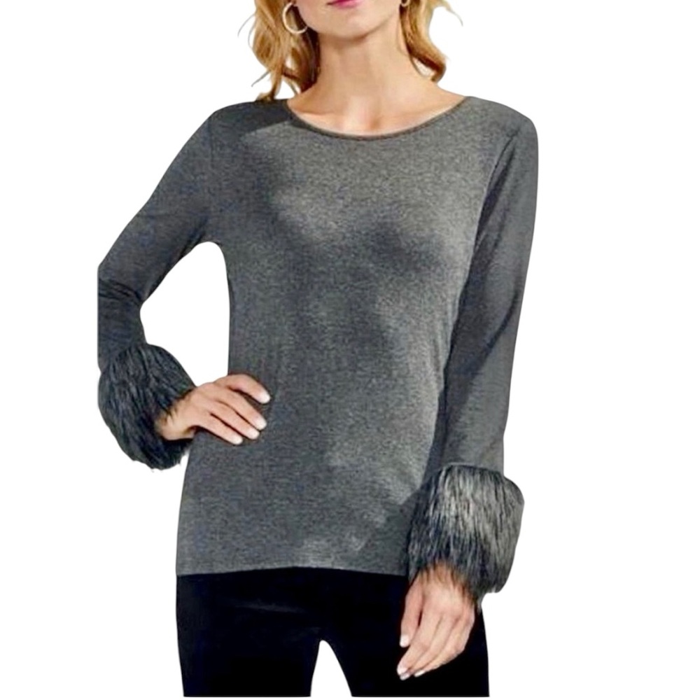 Vince Camuto Faux Fur Trim Long Sleeve Top Blouse Gray Medium Preppy Evening